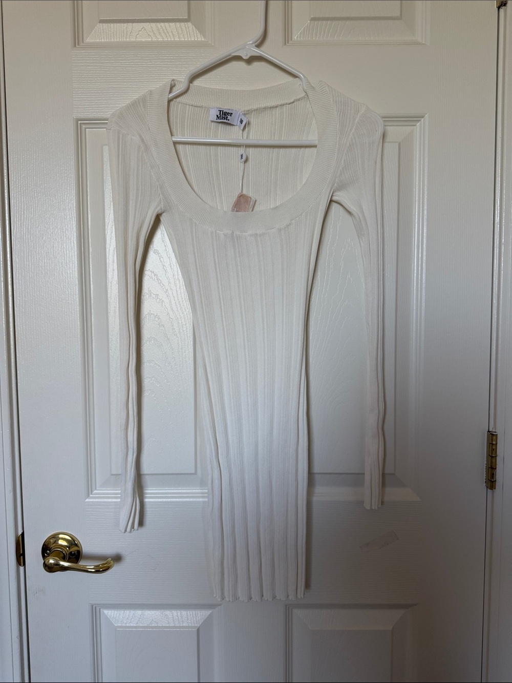 Tiger Mist Cream Ribbed Scoop-Neck Long Sleeve Bodycon Dress